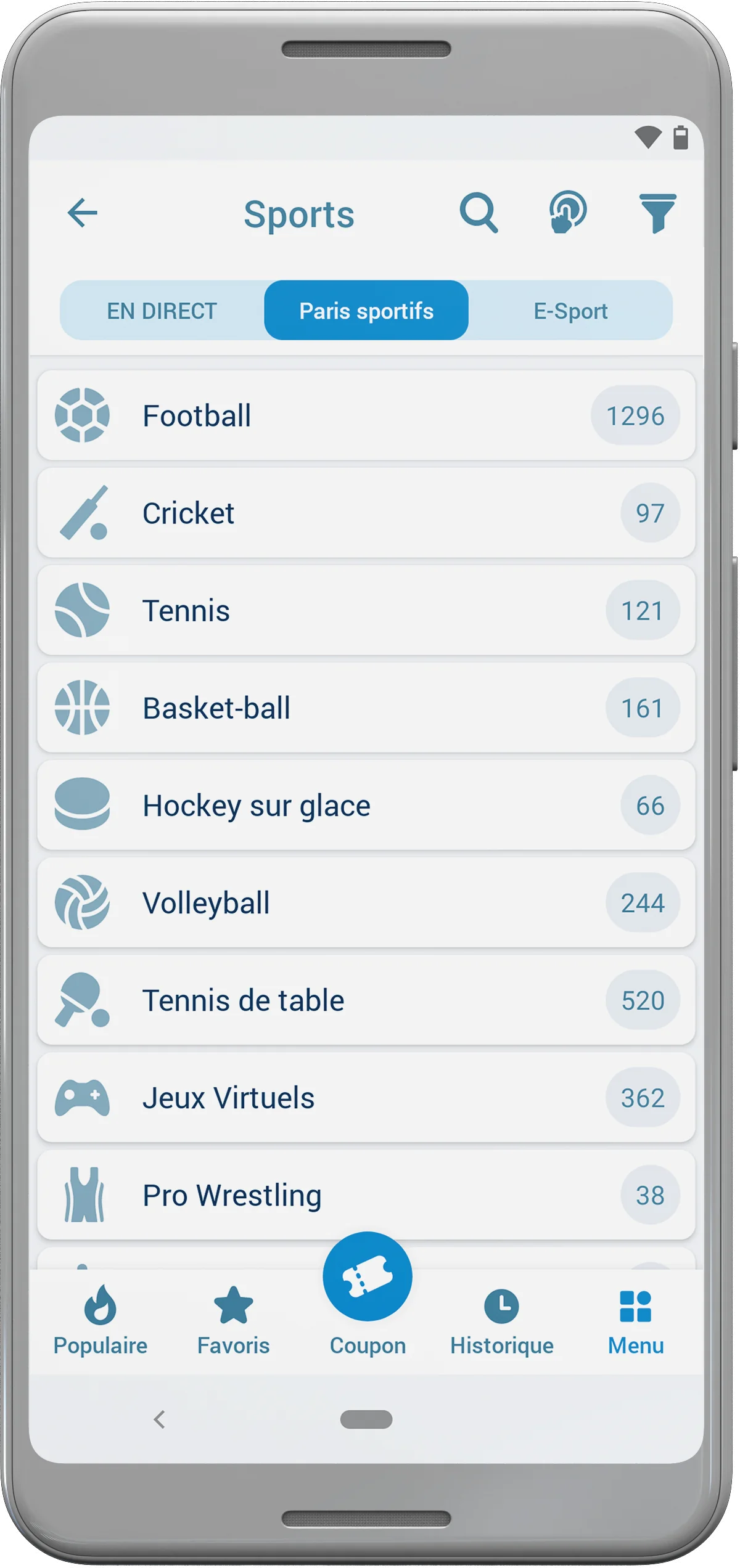 Dans l'application 1xBet, les joueurs de Côte d'Ivoire peuvent parier sur les tournois sportifs les plus populaires