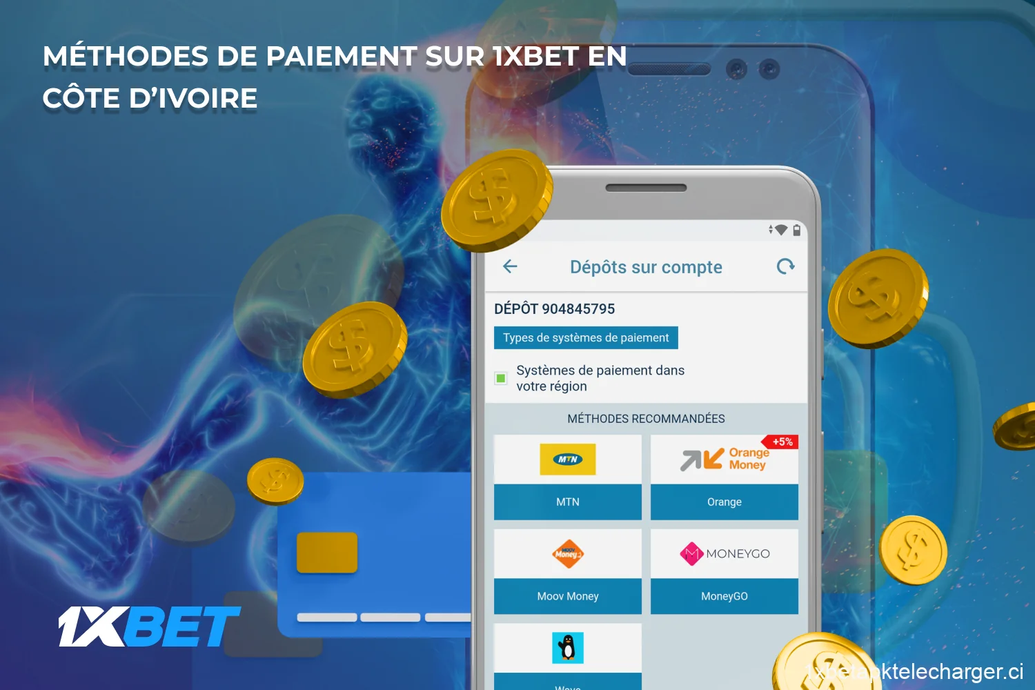 1xBet en Côte d'Ivoire propose différents systèmes de paiement pour les paris