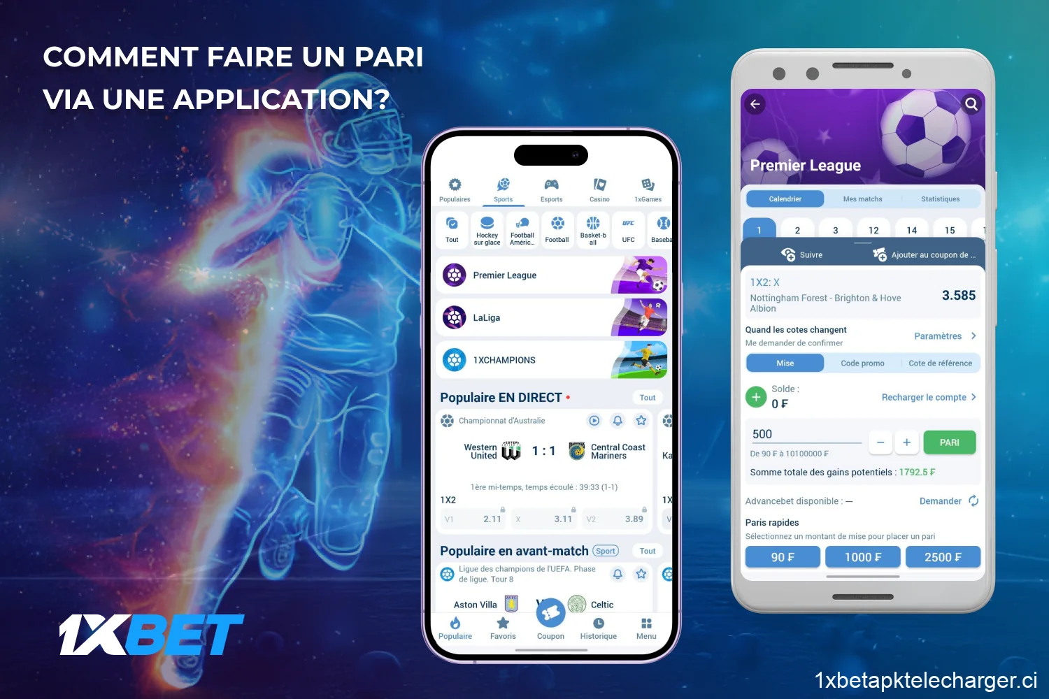 Pour placer un pari dans l'application 1xBet, ouvrez-la, connectez-vous à votre compte, sélectionnez un sport et un match, configurez un coupon et confirmez votre pari