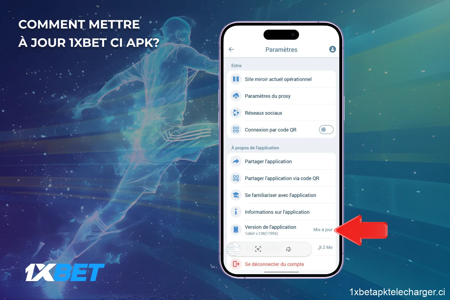 Pour mettre à jour l'application mobile 1xBet, ouvrez-la, allez dans Paramètres, cliquez sur Mise à jour et suivez les instructions pour installer la nouvelle version
