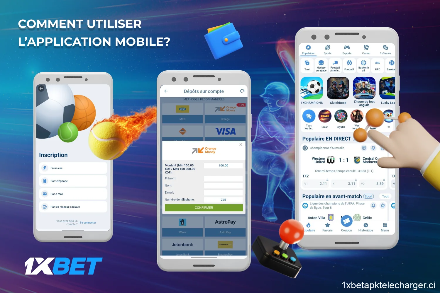 L'utilisation de l'application 1xBet est assez simple, il vous suffit de vous connecter à votre compte, de recharger votre solde, de sélectionner les paris sportifs ou les paris sur les casinos