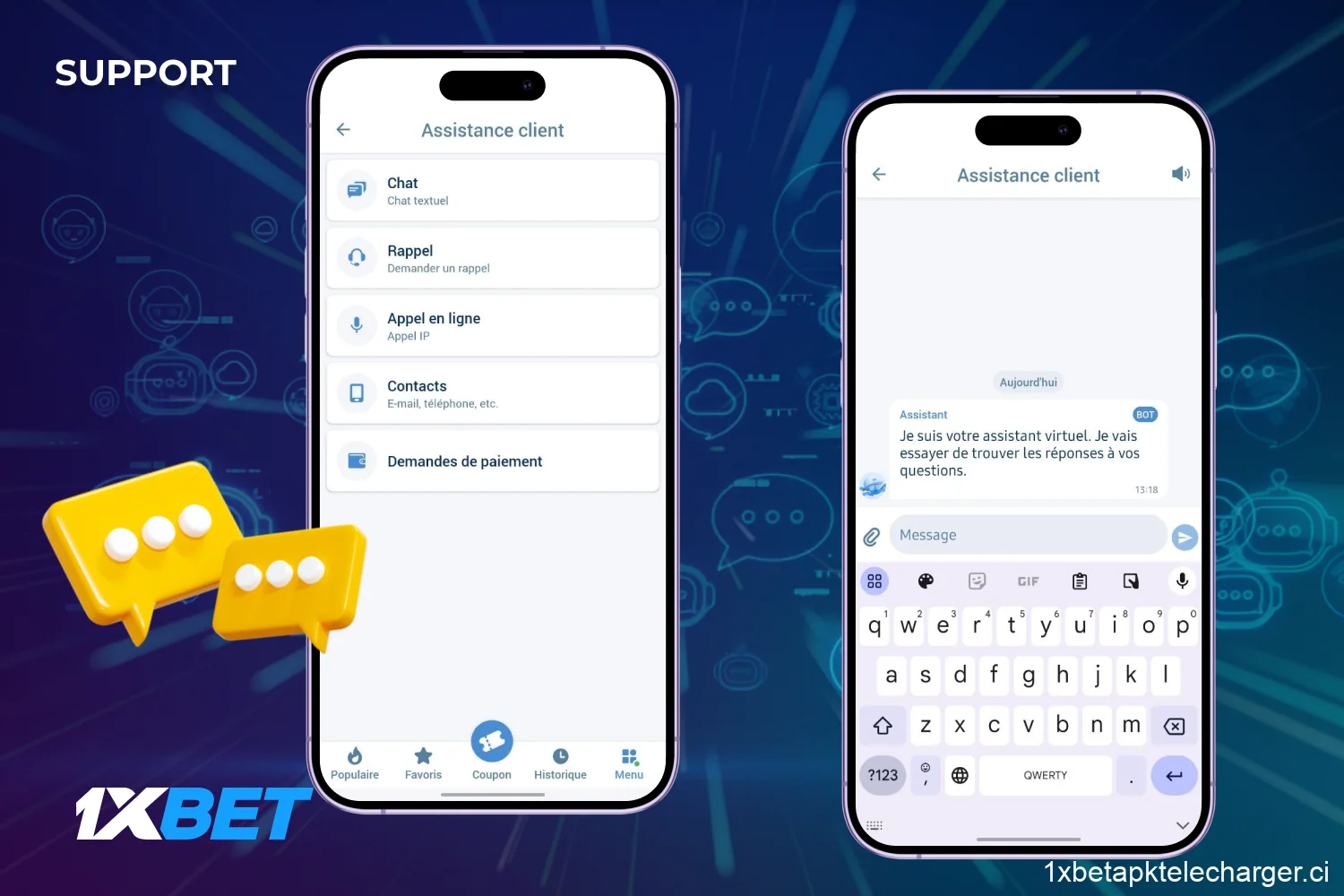 L'équipe d'assistance de l'application mobile 1xBet est disponible 24 heures sur 24, 7 jours sur 7 et prête à vous aider en cas de problème